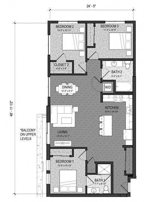 Floor plan for 3 beds, 2 baths, 1217 sqft